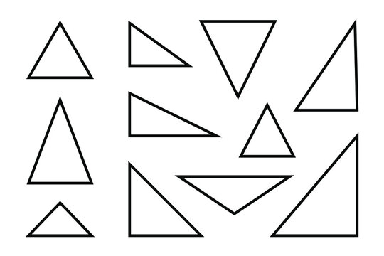 Triangles set, various black outlined triangles, vector illustration.