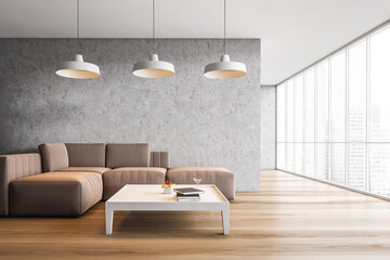 Concrete living room interior with sofa