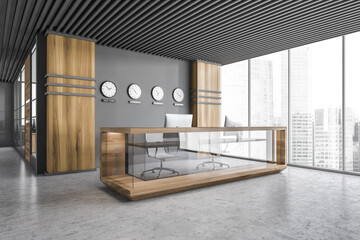 Gray and wooden office corner with reception