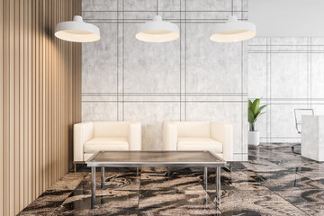 Armchairs in reception hall, marble and wooden walls and dark floor in office