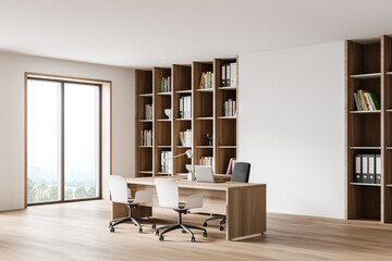 White and wooden CEO office corner with window