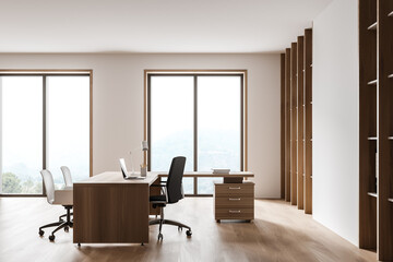 White and wooden CEO office interior, side view
