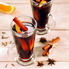Christmas hot mulled wine in a glass with spices and citrus fruit on wooden table.
