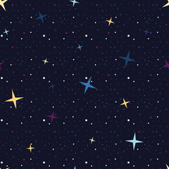 It's the seamless vector cartoon wallpaper with starry night sky. Small round and big four-pointed blue, purple, white and yellow stars are shining on the dark background.