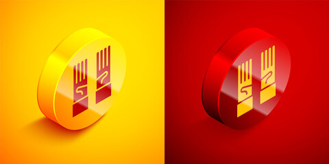 Isometric Medical rubber gloves icon isolated on orange and red background. Protective rubber gloves. Circle button. Vector.