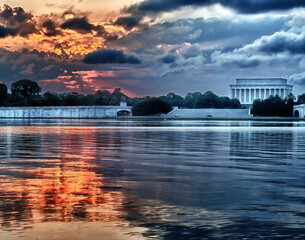 Lincoln Memorial building in Washington DC USA at night sunset.