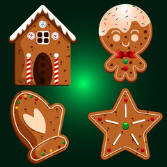 Gingerbread cookies. Gingerbread house, man, star and glove/