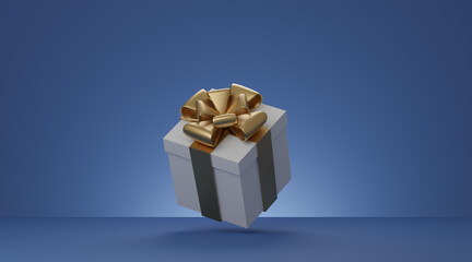 Christmas and New Year present box, white gift box with gold ribbon over blue background. 3d rendering.