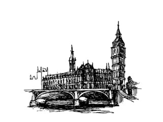Houses of parliament and Big Ben Sketch.
freehand vector illustration on white background
