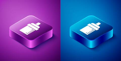 Isometric Baby bottle icon isolated on blue and purple background. Feeding bottle icon. Milk bottle sign. Square button. Vector.