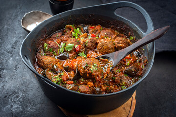 Traditional slow cooked American Tex Mex meatballs with eggplant and mincemeat in a spicy sauce...