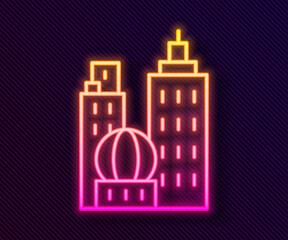 Glowing neon line City landscape icon isolated on black background. Metropolis architecture panoramic landscape. Vector Illustration.