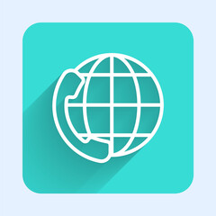 White line Telephone 24 hours support icon isolated with long shadow. All-day customer support call-center. Full time call services. Green square button. Vector Illustration.