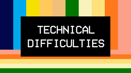 A fake television broadcasting test pattern, made of colorful bars (both horizontal and vertical) with the text Technical difficulties inside a black box. Clean style.
