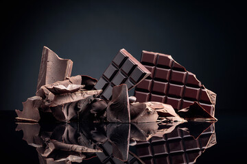 A broken chocolate bar and pieces of dark chocolate on a black reflective background.