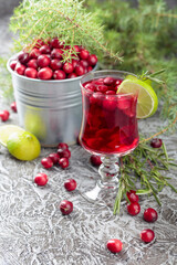 Glass of cranberry drink with berries, lime, and rosemary.