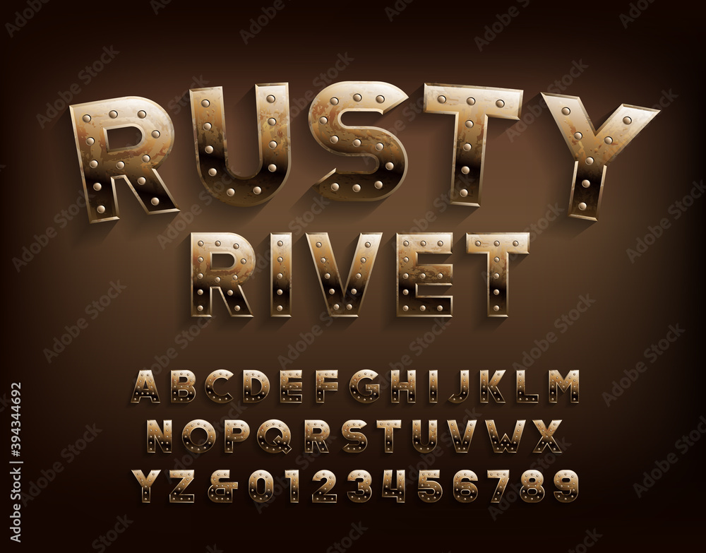 Fototapete rusty rivet alphabet font. damaged metallic letters and numbers with rivets. stock vector typescript