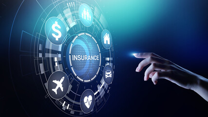 Insurance, health family car money travel Insurtech concept on virtual screen.