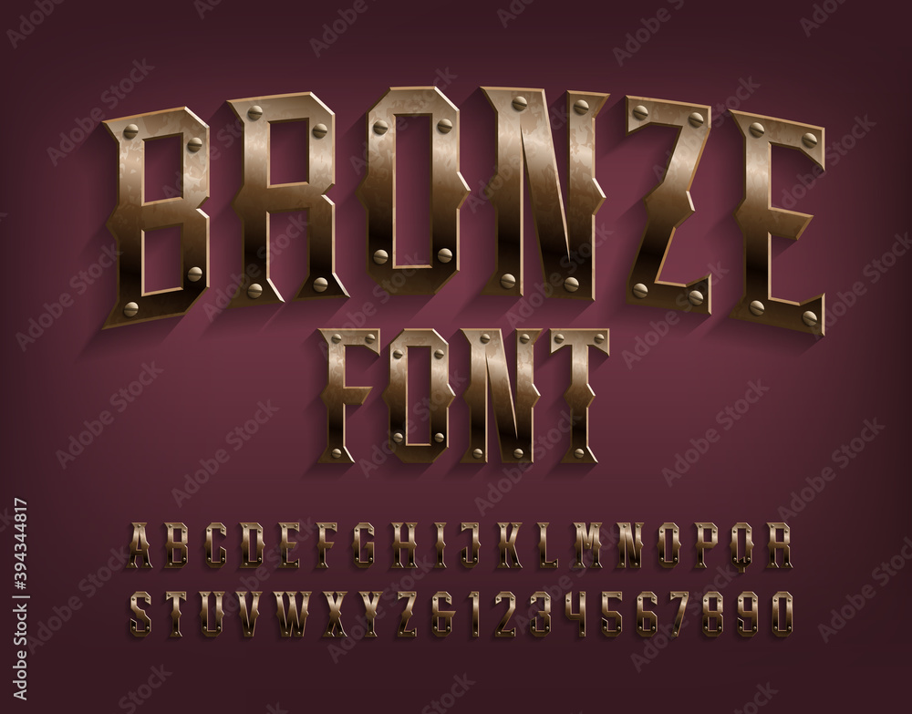 Fototapete bronze alphabet font. beveled metallic letters and numbers with screws. stock vector typescript for 
