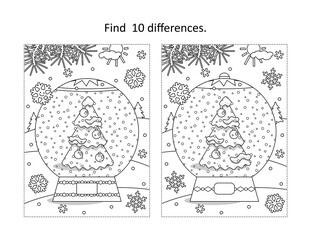 Find 10 differences visual puzzle and coloring page with winter holidays, New Year or Christmas snowglobe with christmas tree 

