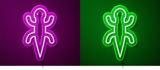 Glowing neon line Lizard icon isolated on purple and green background. Vector.