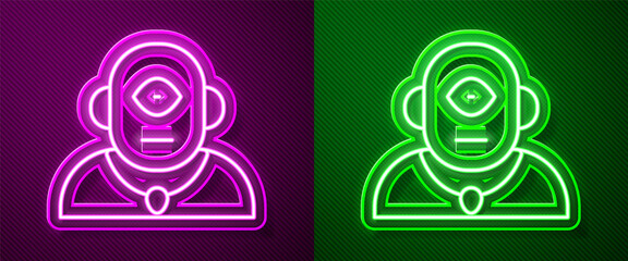 Glowing neon line Cyclops icon isolated on purple and green background. Vector.