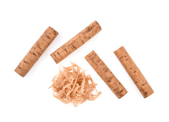 Top view of Burdock roots isolated white background