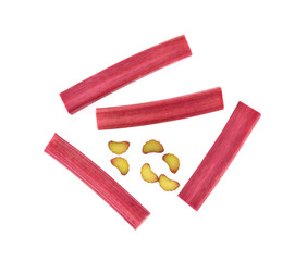 Top view of rhubarb stalks isolated on white background