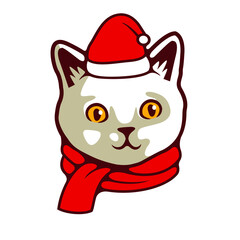 Cat Cute Kitten Head Looking Eyes. Wearing Christmas Costume, Santa Claus Hat, Muffler, For Christmas Day and New Year Vector Illustration - Vector