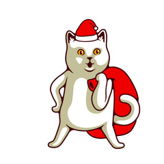 White Fat Cat Acts To Be Santa Claus Wearing Red Hat, With Huge Red Bag With Presents For Christmas And New - Vector