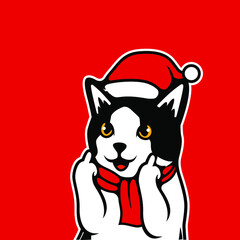 Cute Black And White Cat Kitten Being Upset With Smile. Wearing Christmas Costume, Santa Claus Hat, Muffler, For Christmas Day and New Year Vector Illustration - Vector - Vector	