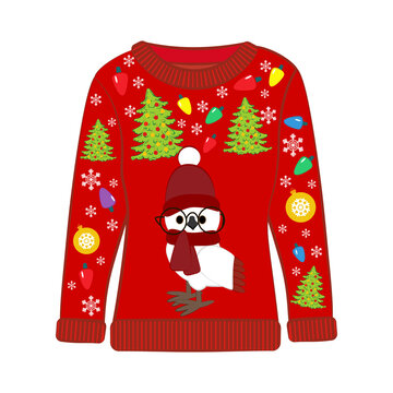 Christmas ugly sweater with owl in christmas costume vector illustration  Stock Vector | Adobe Stock