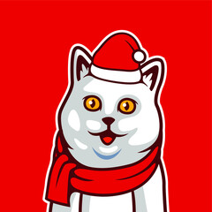 Cute White Cat Stares And Smile Wearing Christmas Costume, Santa Claus Hat, Muffler, For Christmas Day and New Year Vector Illustration - Vector