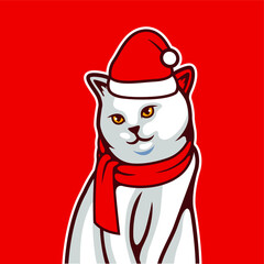 Shy Cute White Cat Smile In Red Christmas Hat And Scarf, For Card Or Poster. New Year's and Christmas Vector Illustration - Vector
