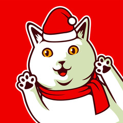 Cute Cat Cartoon Curious Peeking Kitten Say Hi With Red Christmas Hat And Scarf, For Card Or Poster. New Year's and Christmas Vector Illustration - Vector