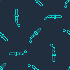 Green line Pipette icon isolated seamless pattern on blue background. Element of medical, chemistry lab equipment. Pipette with drop. Medicine symbol. Vector.