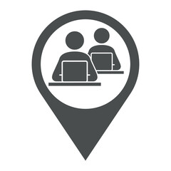 Lugar de trabajo. Icono plano con hombres trabajando en oficina con ordenadores en puntero en color gris © teracreonte