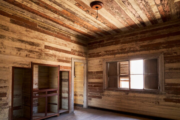 living room with wooden walls and wooden ceiling in an old saltpeter mining town in the Atacama desert of Chile, South America