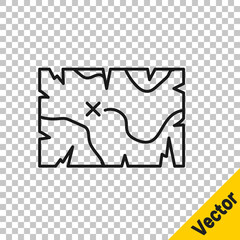 Black line Pirate treasure map icon isolated on transparent background. Vector.