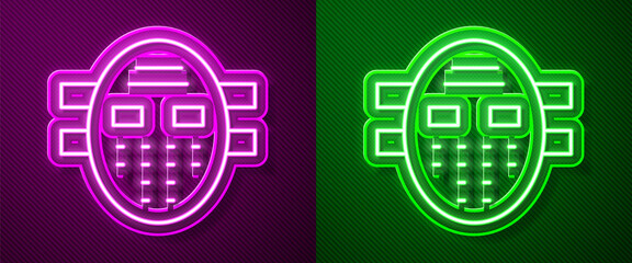 Glowing neon line Hockey mask icon isolated on purple and green background. Vector.