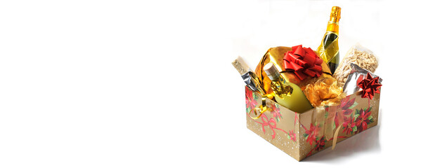 christmas basket with food gifts inside isolated on white background