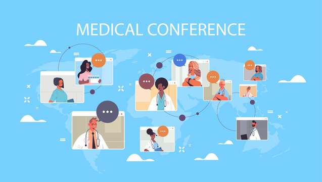 team of mix race doctors in web browser windows discussing during video conference medicine healthcare concept world map background horizontal portrait vector illustration