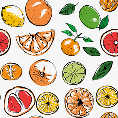 Seamless bright vector pattern of colored citrus fruits on a white background. For fabric, cover, and background.