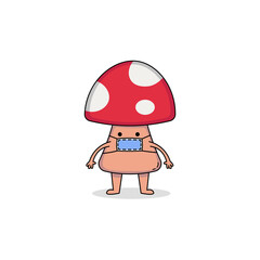 Cute mushroom cartoon character wearing mask