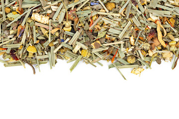 Dry tea leaves alpine meadow. Tea ceremony concept. Space for text.