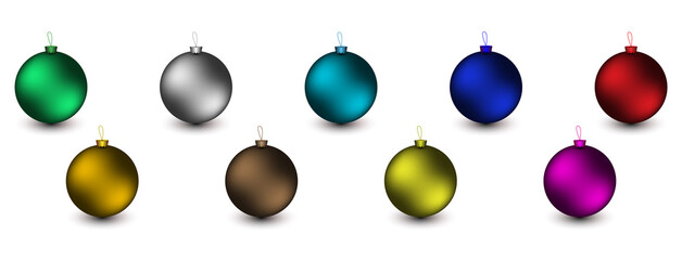 Fototapeta na wymiar Colorful set of balls for decorating a Christmas tree. New Year's colorful toys balls with loop isolated on white background. Christmas bauble decoration elements.