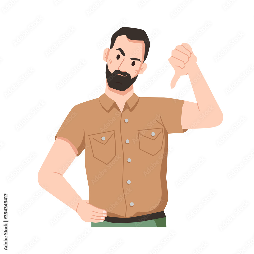 Poster disgruntled bearded male character expressing disapproval gesturing and showing thumbs down. annoyed