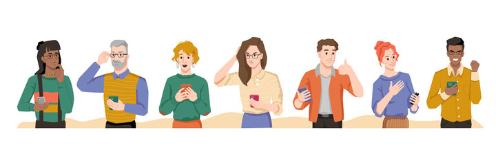 People use smartphones with different emotions, internet addiction, happiness and sadness, multinational man and woman showing feelings. Vector characters spend leisure time browsing or chatting