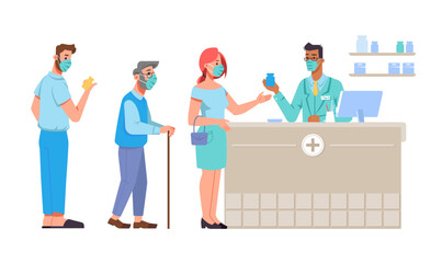 Queue of people wearing protective facial masks by counter buying medicine at pharmacy. Pharmacist helping patients selling prescriptions. Senior and young character in line vector in flat style