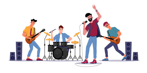 Rock music band, musicians playing on guitars, drum set and singer with microphone, soloist singing songs. Vector music players perform on electric string instruments, man sing in mic, jazz group